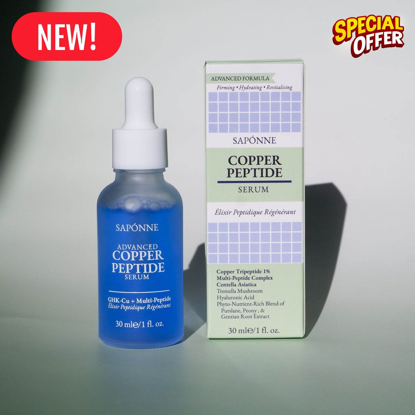 SAPONNE Copper Peptide Serum bottle and packaging on a gray background with 'New!' and 'Special Offer' text.