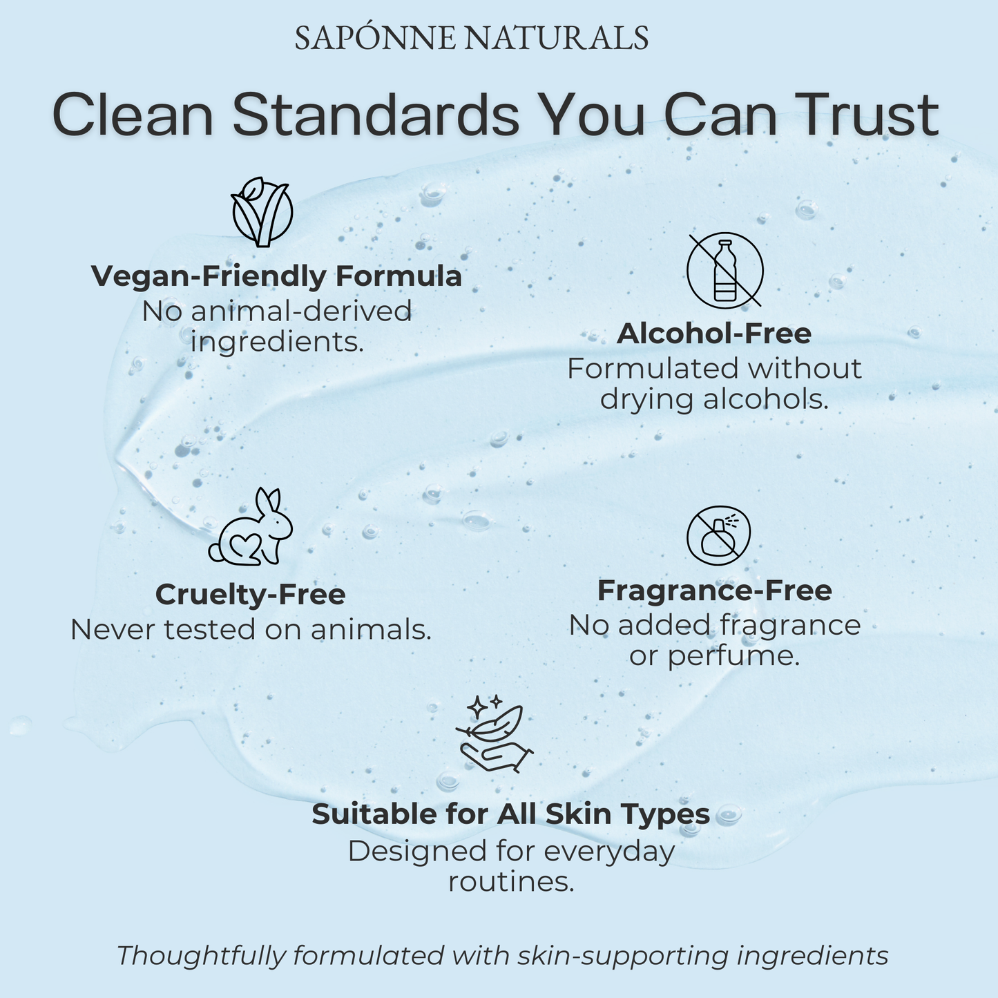 Sapônne Naturals product with clean standards listed on a light blue background