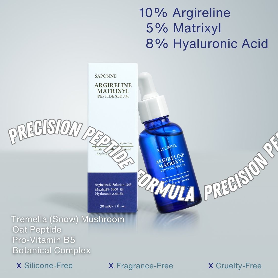 Saponne Argireline Matrixyl Peptide Serum with packaging on a light gray background