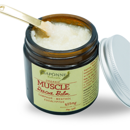 Magnesium Muscle Rescue Balm in an amber glass jar with an aluminium lid. Organic, vegan-friendly balm for muscle recovery and sleep support.