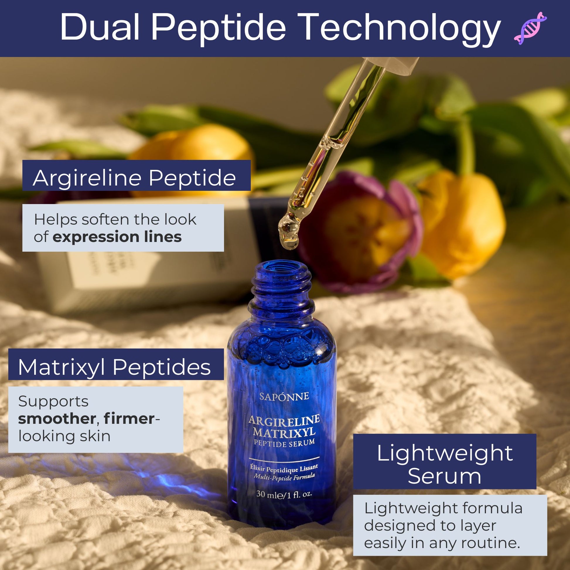 Blue serum bottle with dropper on a textured surface with text about dual peptide technology.