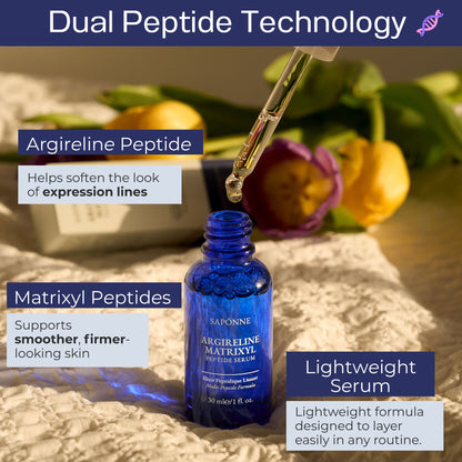 Blue serum bottle with dropper on a textured surface with text about dual peptide technology.