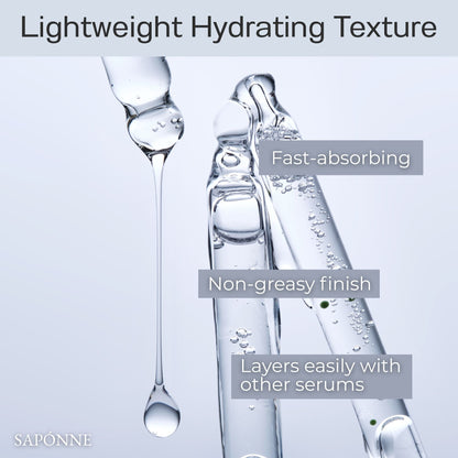Saponne skincare product with droplets and text highlighting features on a light blue background