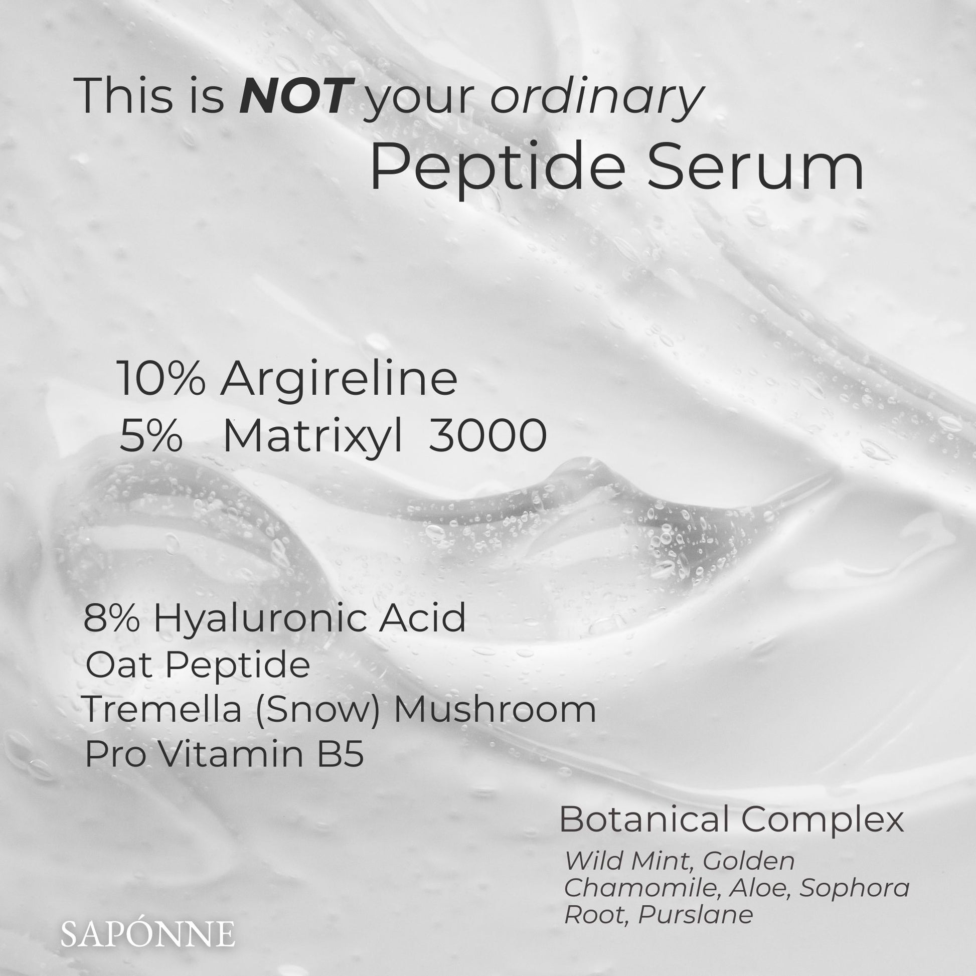 Advertisement for a peptide serum with ingredients listed on a textured white background.
