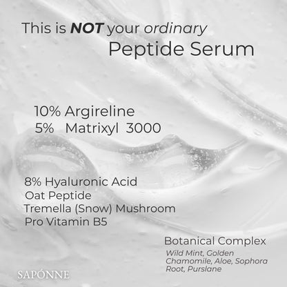 Advertisement for a peptide serum with ingredients listed on a textured white background.