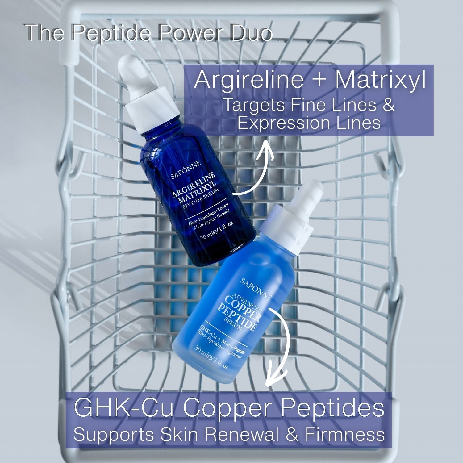Two blue skincare bottles on a metal rack with text about peptide power duo.