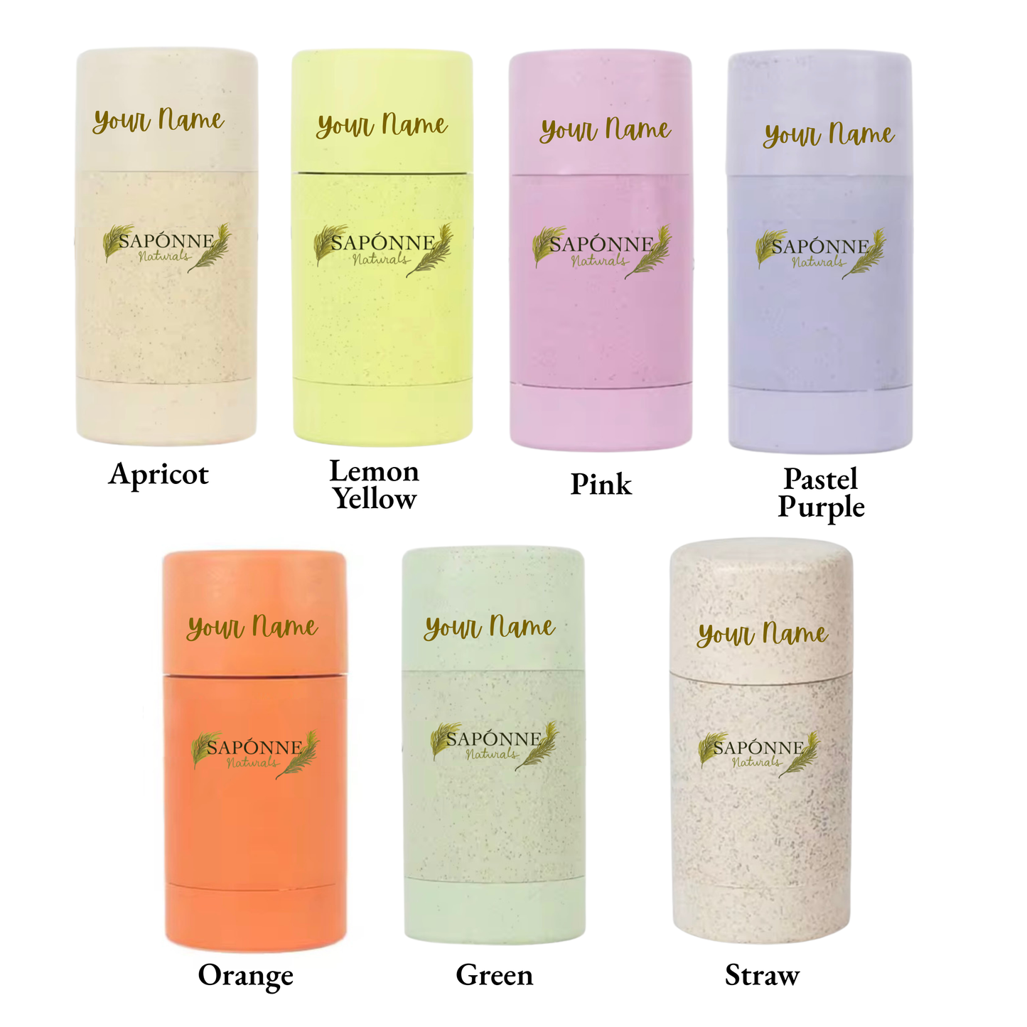 Set of Saponène Naturals products in various colors with 'Your Name' text.