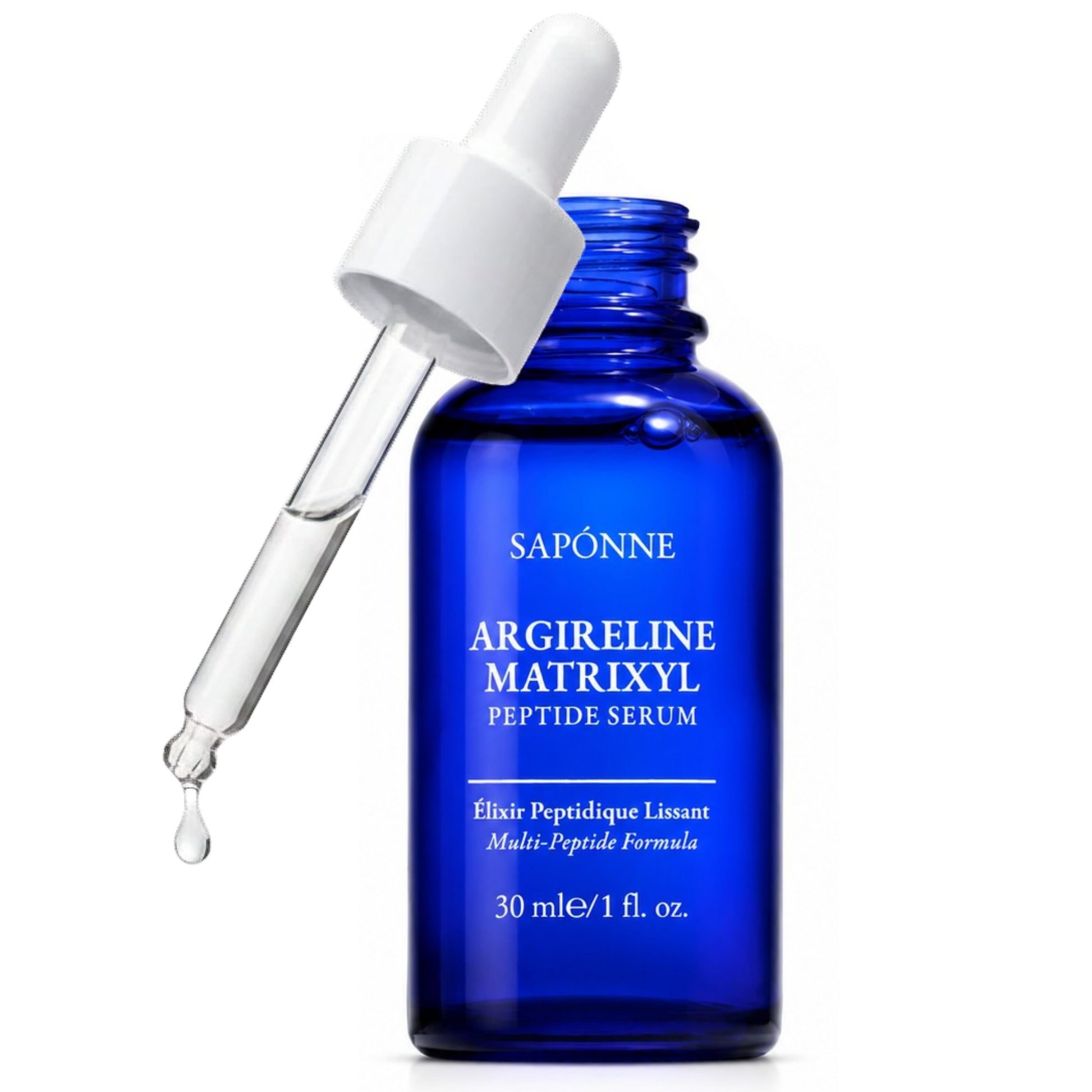 A 30 ml cobalt blue glass bottle of Saponne Argireline Matrixyl Peptide Serum with a white dropper cap, shown with the glass dropper resting against the bottle on a white background.