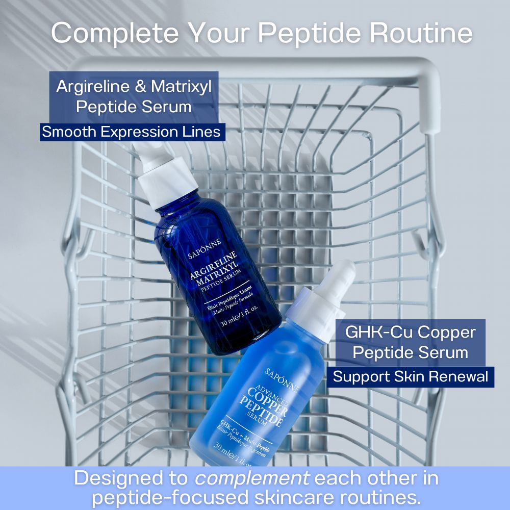 Two skincare serum bottles, one blue and one white, on a metallic surface with text about peptide routines.