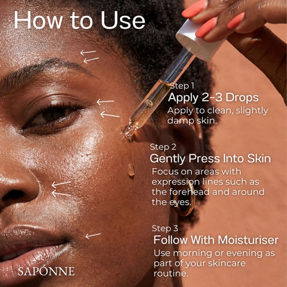 Skincare product application guide on a person's face with text instructions and brand name 'SAPONNE'.