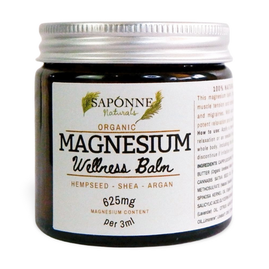 Sapónne Naturals Magnesium Wellness Balm in a 60g jar, featuring high-strength Zechstein magnesium for sleep and muscle relief.