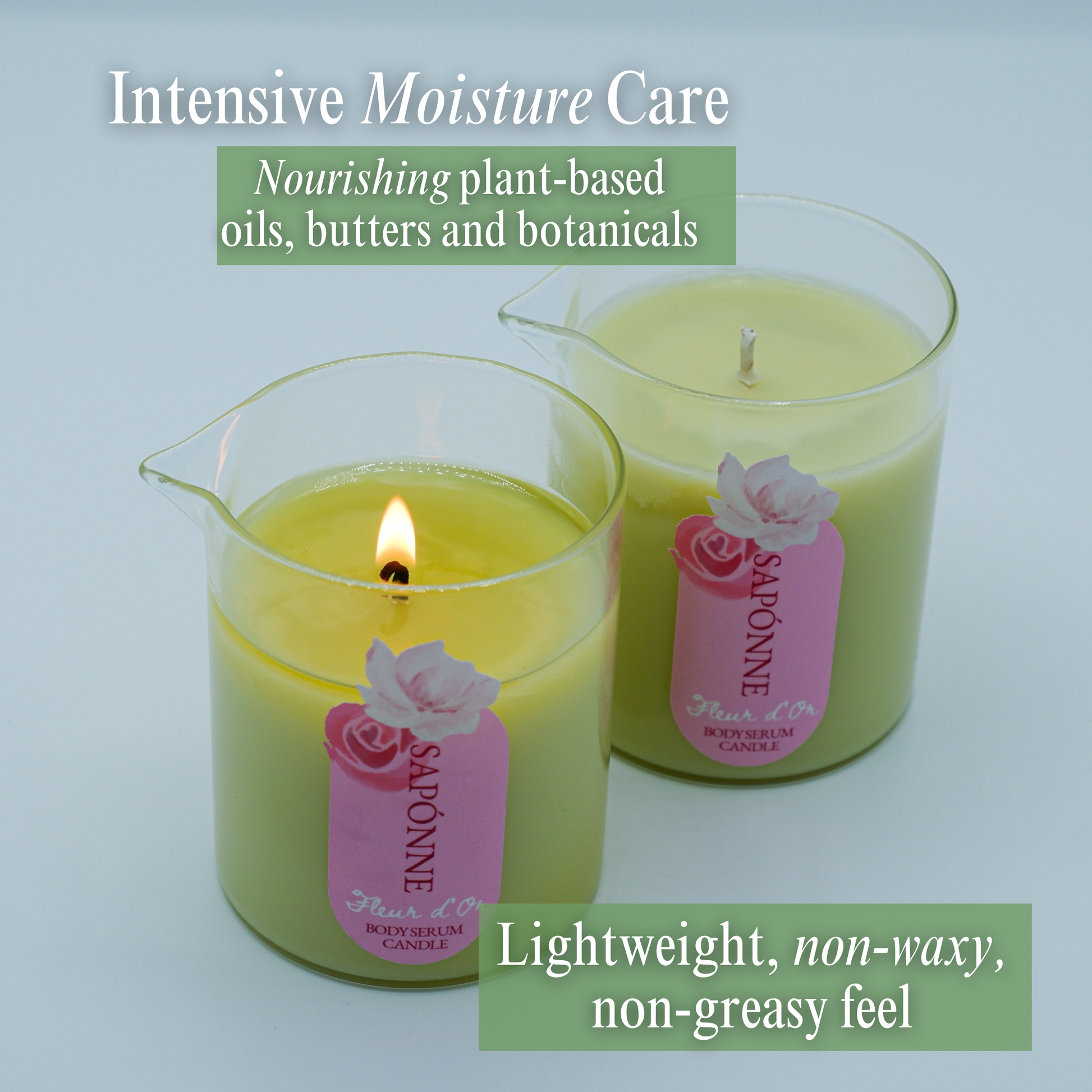 Two candles with pink labels on a light blue background, featuring text about intensive moisture care.