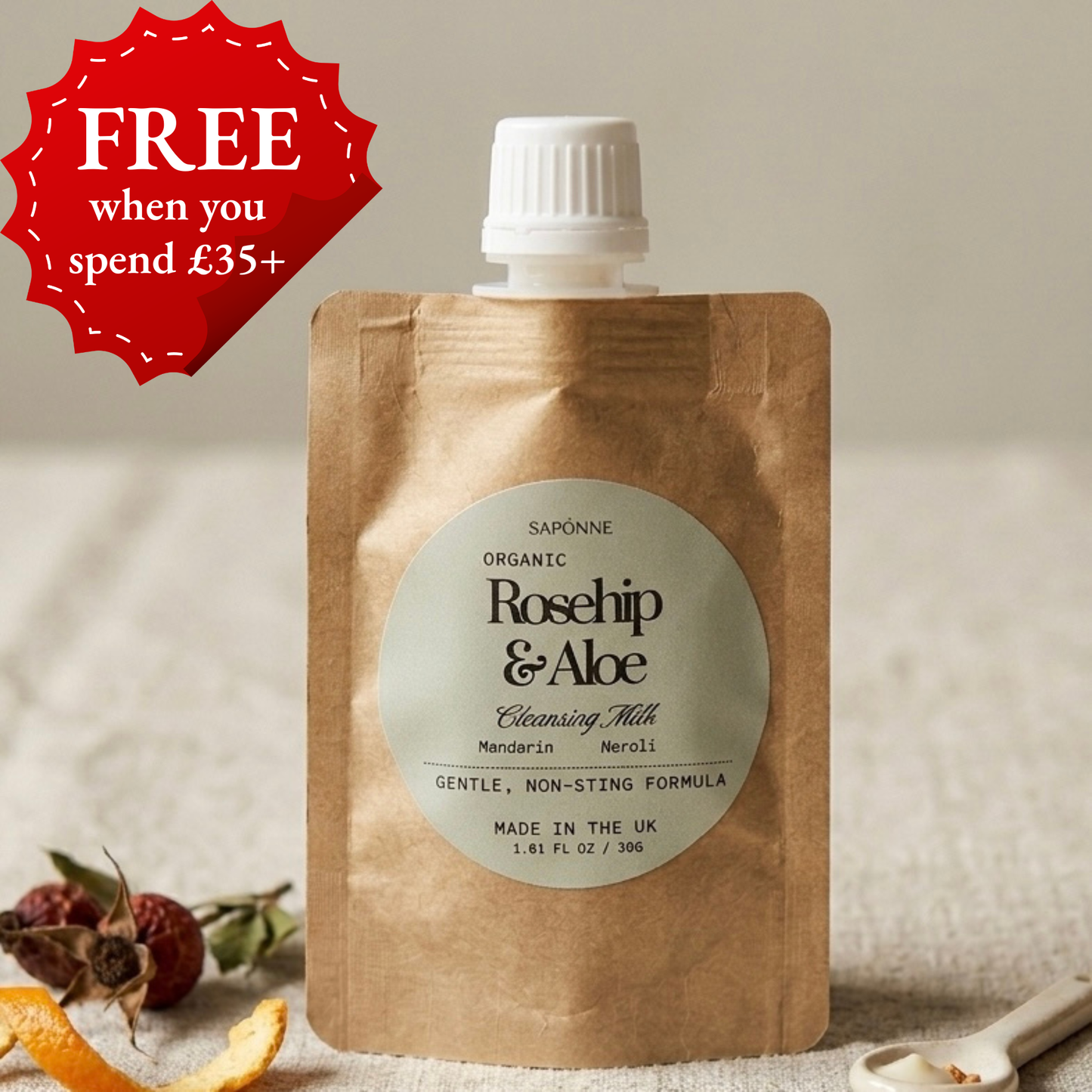 Rosehip & Aloe cleansing milk packaging with a free offer label on a neutral background