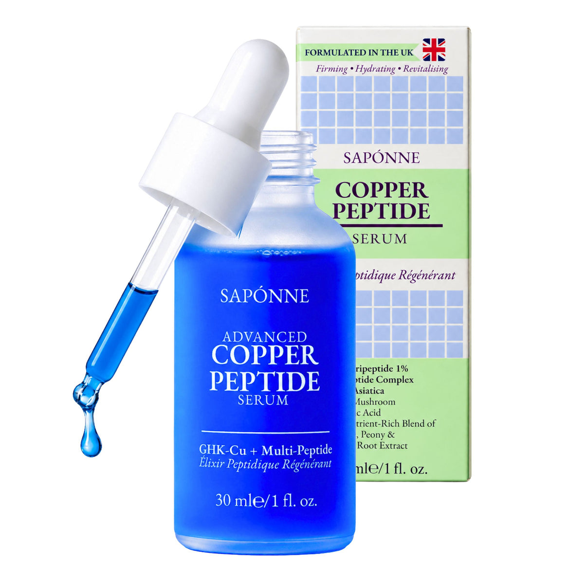 A bottle of SAPONNÉ Advanced Copper Peptide Serum in a translucent blue bottle with a white dropper, shown alongside its green and white product box on a plain white background.