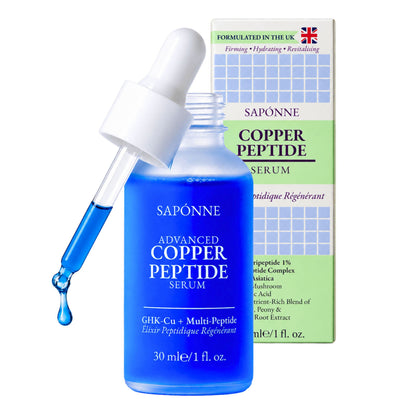 A bottle of SAPONNÉ Advanced Copper Peptide Serum in a translucent blue bottle with a white dropper, shown alongside its green and white product box on a plain white background.