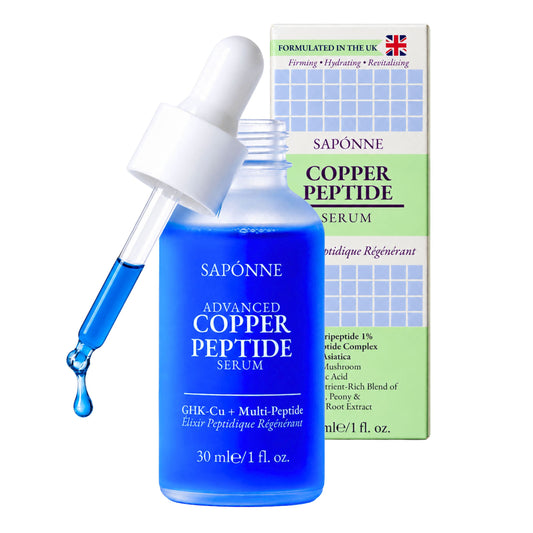 A bottle of SAPONNÉ Advanced Copper Peptide Serum in a translucent blue bottle with a white dropper, shown alongside its green and white product box on a plain white background.