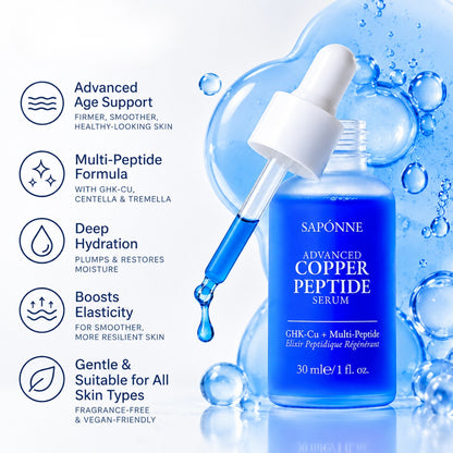 Saponne Advanced Copper Peptide Serum in a blue dropper bottle, surrounded by water droplets and bubbles, with six feature callouts on the left detailing its benefits for age support, multi-peptide formula, deep hydration, elasticity, and suitability for all skin types.