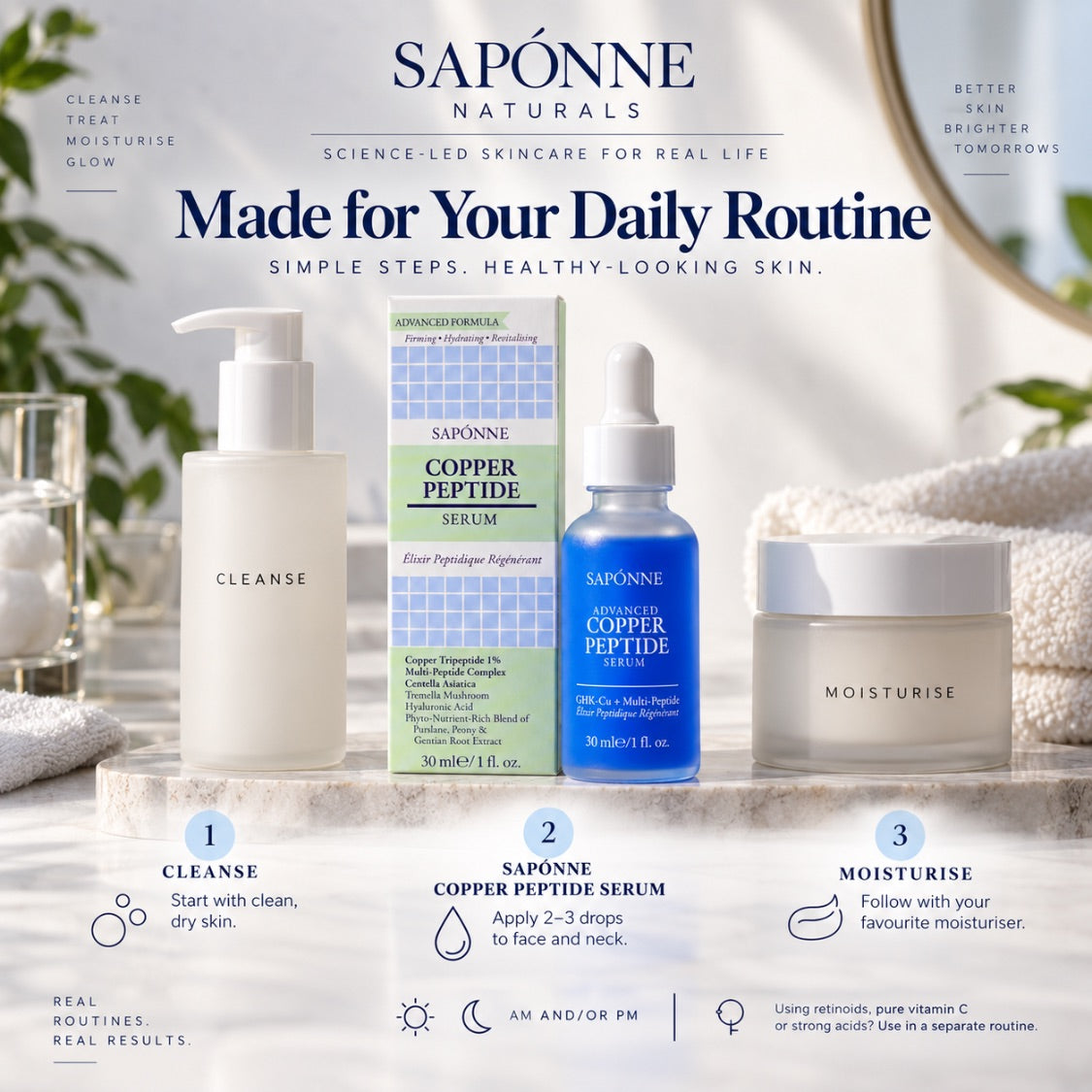 Sapónne Naturals skincare routine set featuring a white cleanser bottle, a blue serum dropper bottle, and a white moisturizer jar, displayed on a marble surface with a marble background and step-by-step application instructions.