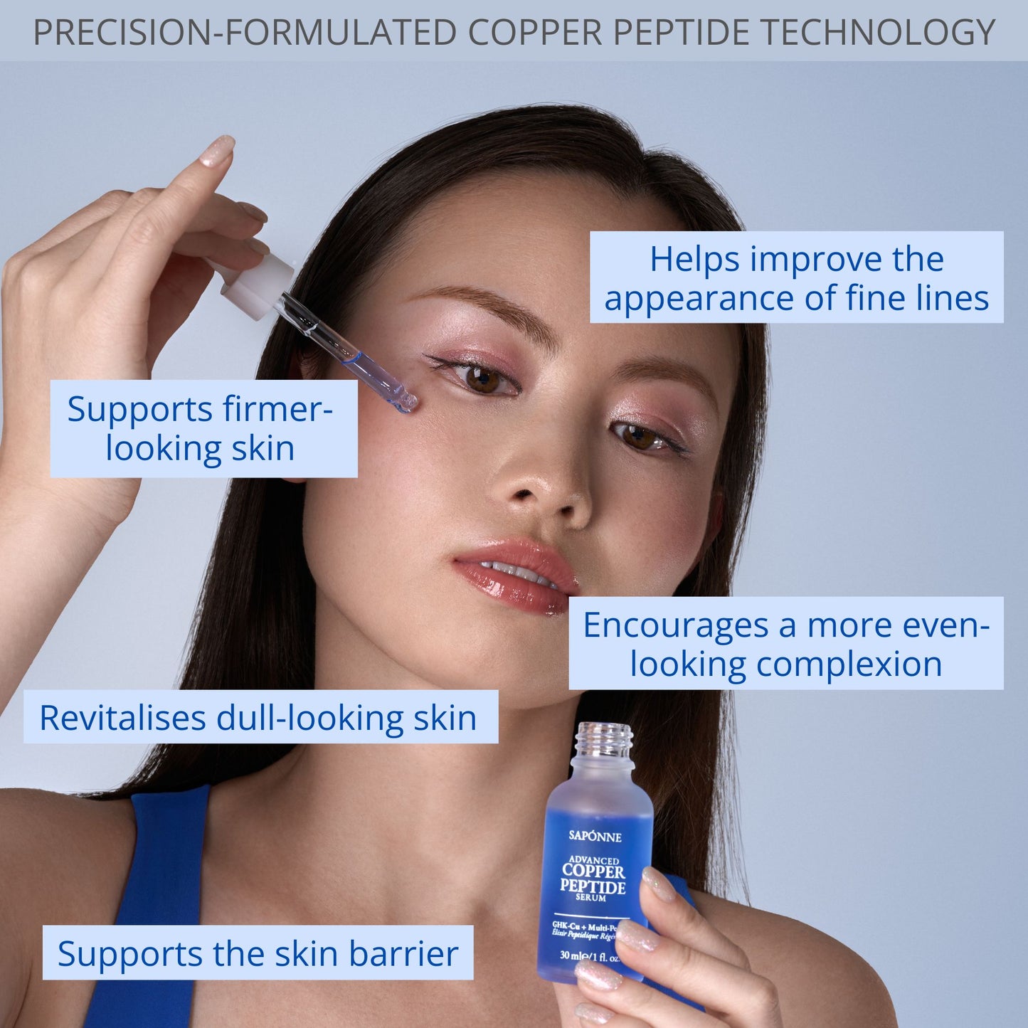 Woman holding a dropper and bottle of skincare product with text about its benefits on a blue background