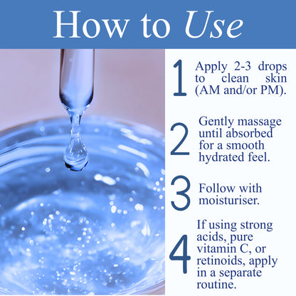 Instructions on how to use a skincare product with a close-up of a dropper and water droplet.