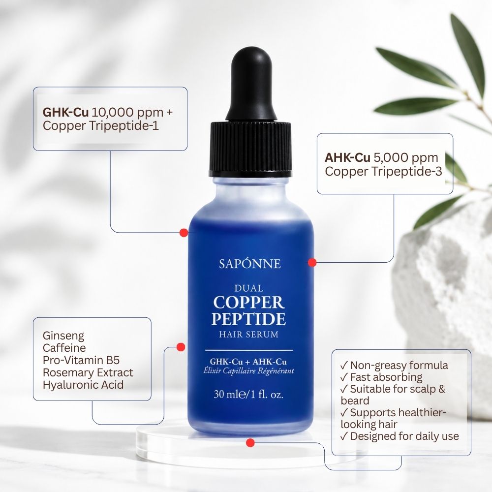 Blue bottle of Saponne Dual Copper Peptide Hair Serum with dropper on a light gray background