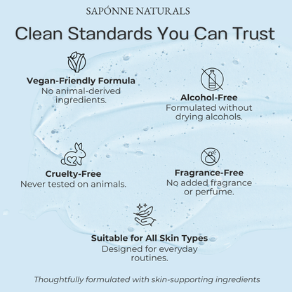 Sapônne Naturals product with clean standards listed on a light blue background