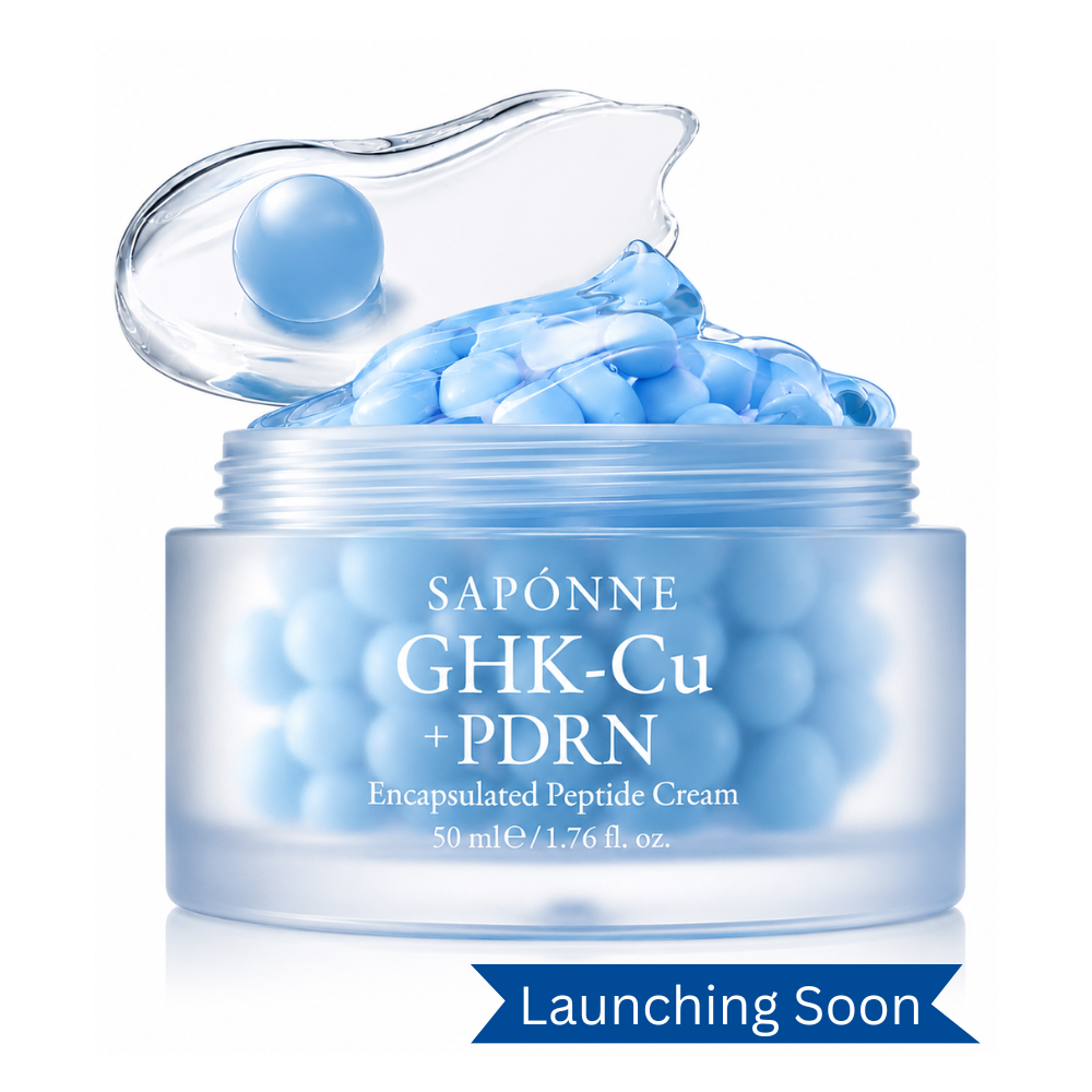 Jar of Saponne GHK-Cu + PDRN cream with blue cream visible, 'Launching Soon' text at the bottom.