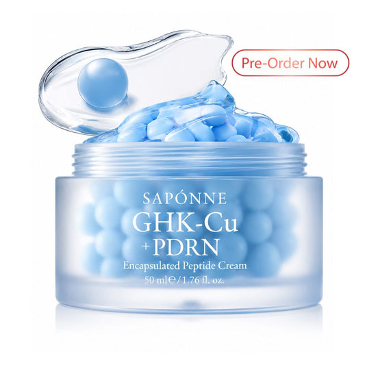 Jar of Saponne GHK-Cu + PDRN cream with blue cream visible, 'Launching Soon' text at the bottom.