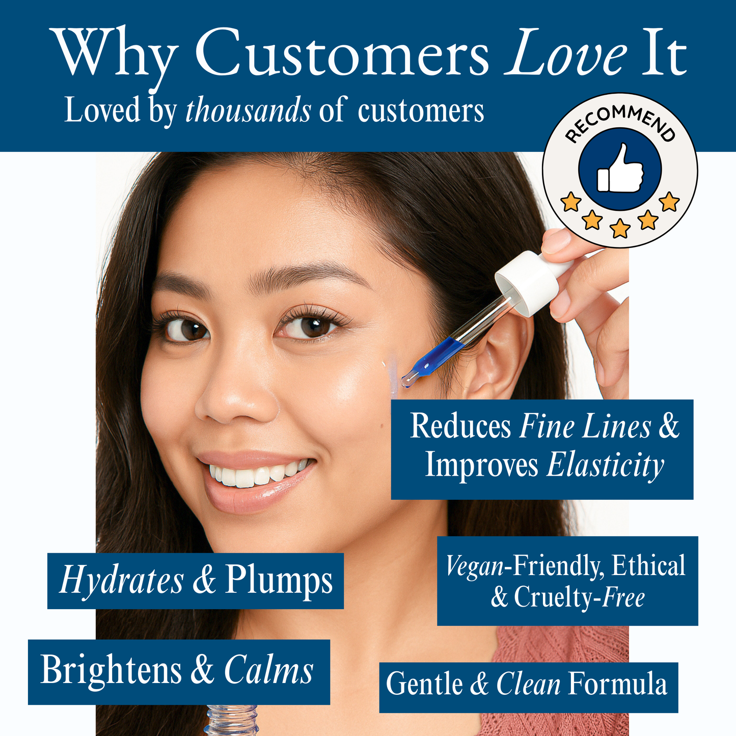 Advertisement for a skincare product with a woman's face and text highlighting benefits.