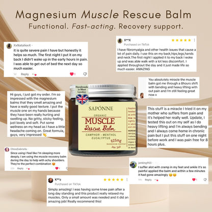 Saponne Organic Muscle Rescue Balm with customer reviews on a wooden background