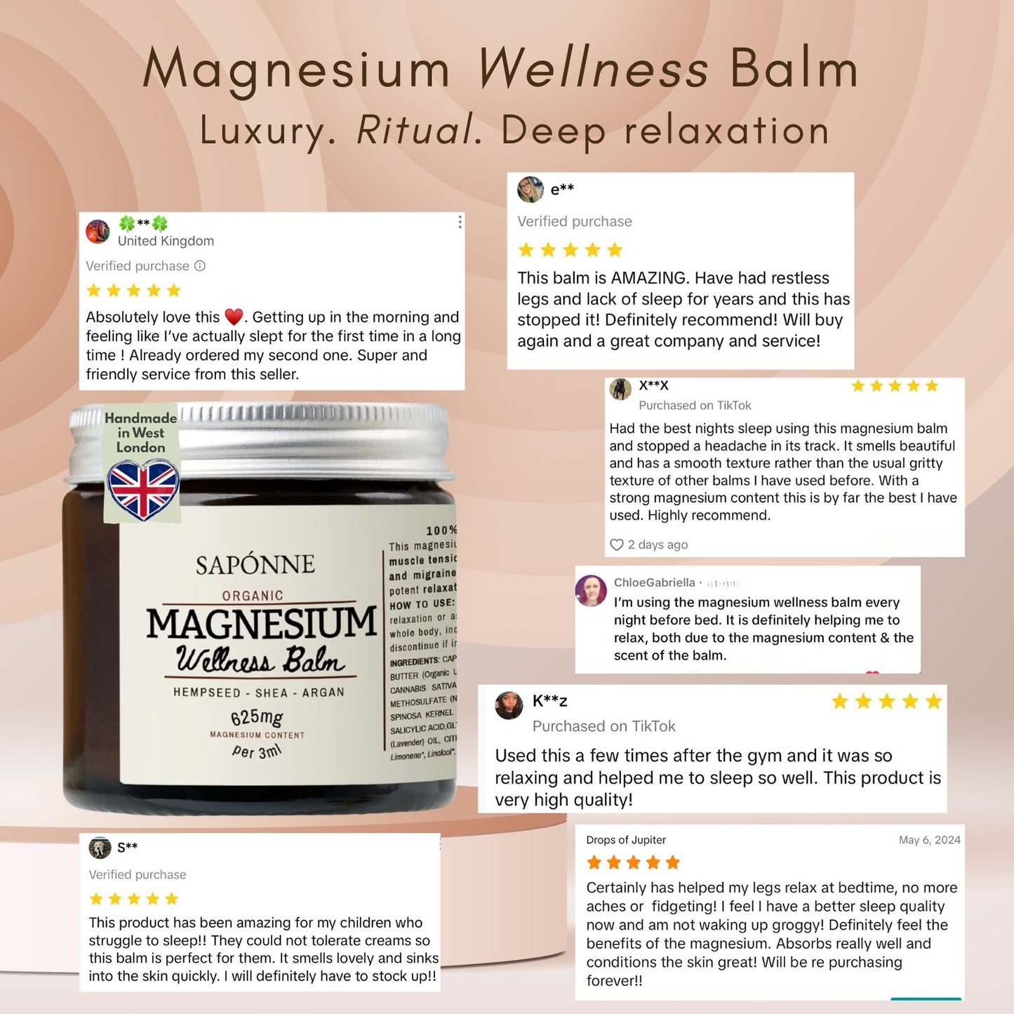 Saponne Magnesium Wellness Balm with customer reviews on a pink background