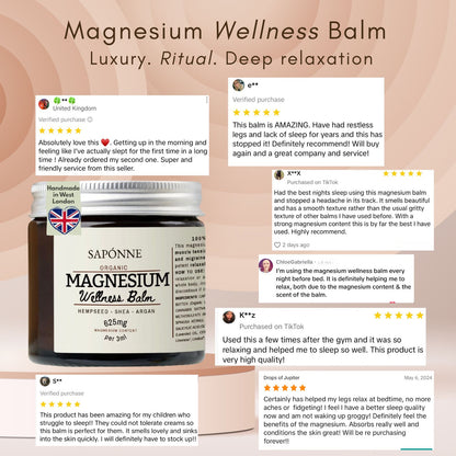 Saponne Magnesium Wellness Balm with customer reviews on a pink background