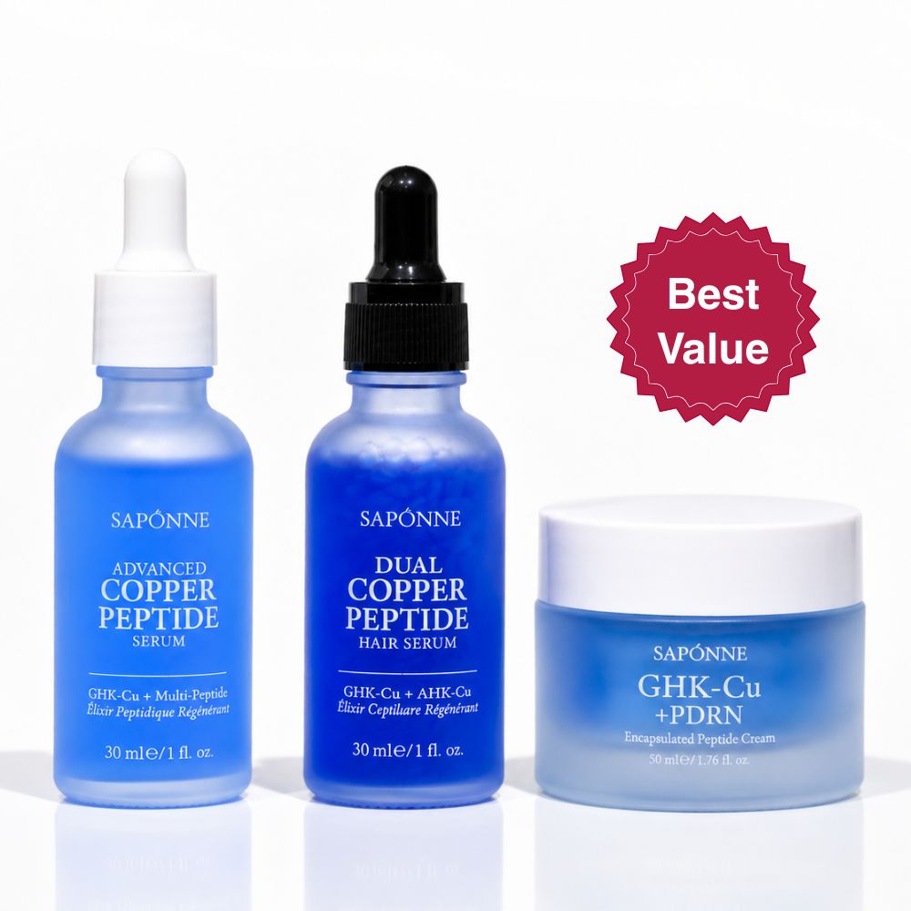 Three Sapónne skincare products on a white background: a blue serum bottle with a white dropper cap, a blue hair serum bottle with a black dropper cap, and a blue cream jar with a white lid. A red starburst badge reading 'Best Value' appears on the right.