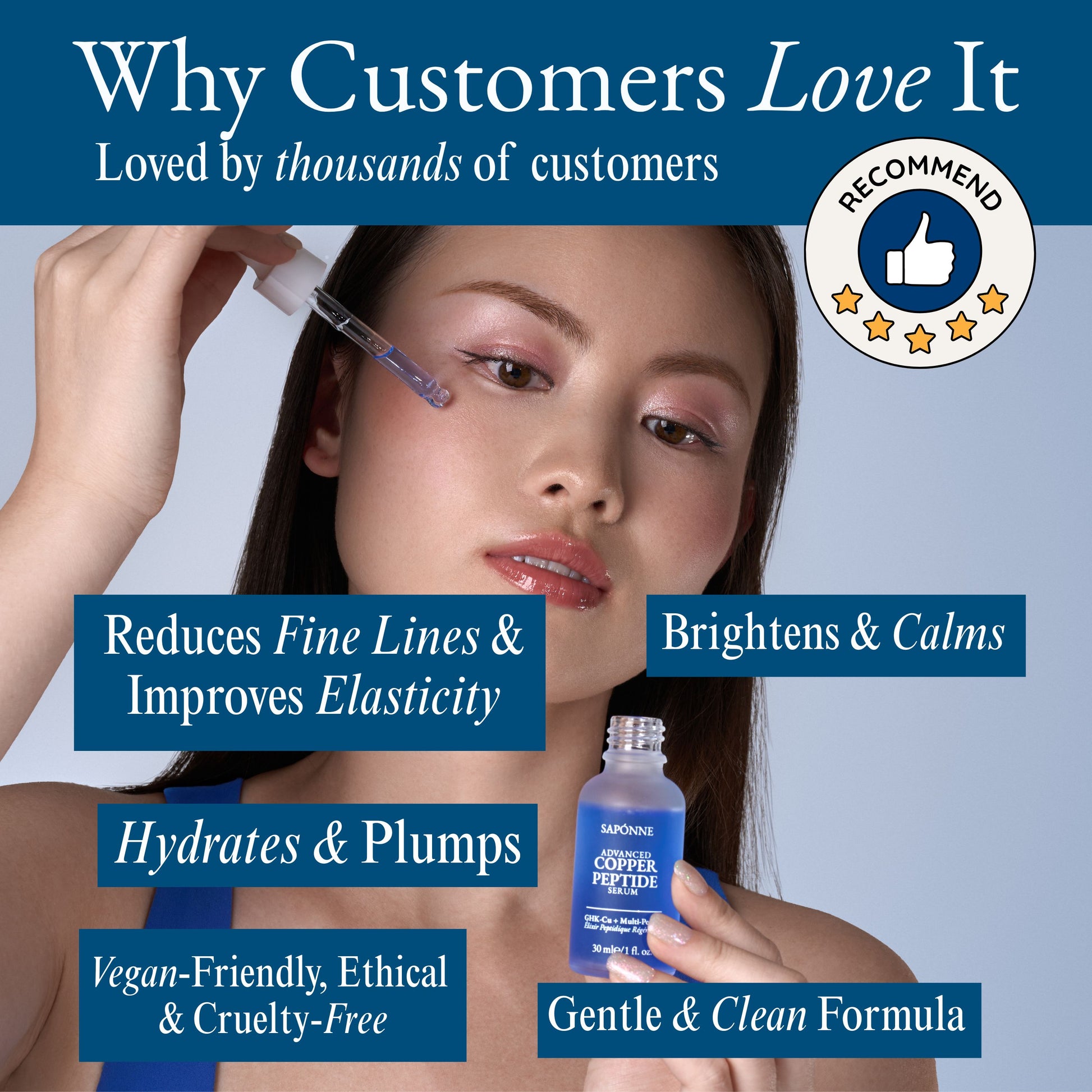 Woman applying copper peptide serum with text highlighting benefits and certifications.