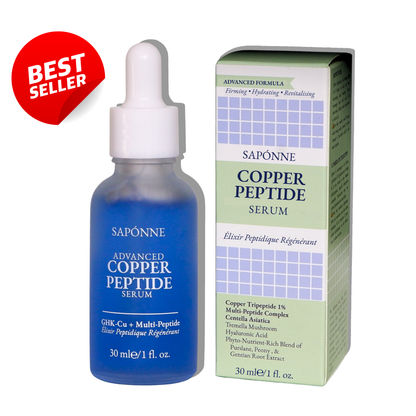 Sapónne Copper Peptide Serum bottle and packaging on a white background