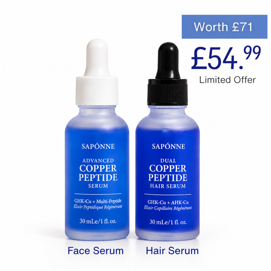 Two blue SAPONNÉ serum bottles on a white background: a white-capped Face Serum bottle labeled Advanced Copper Peptide Serum and a black-capped Hair Serum bottle labeled Dual Copper Peptide Hair Serum. Blue sale text at top right says Worth £71 and £54.