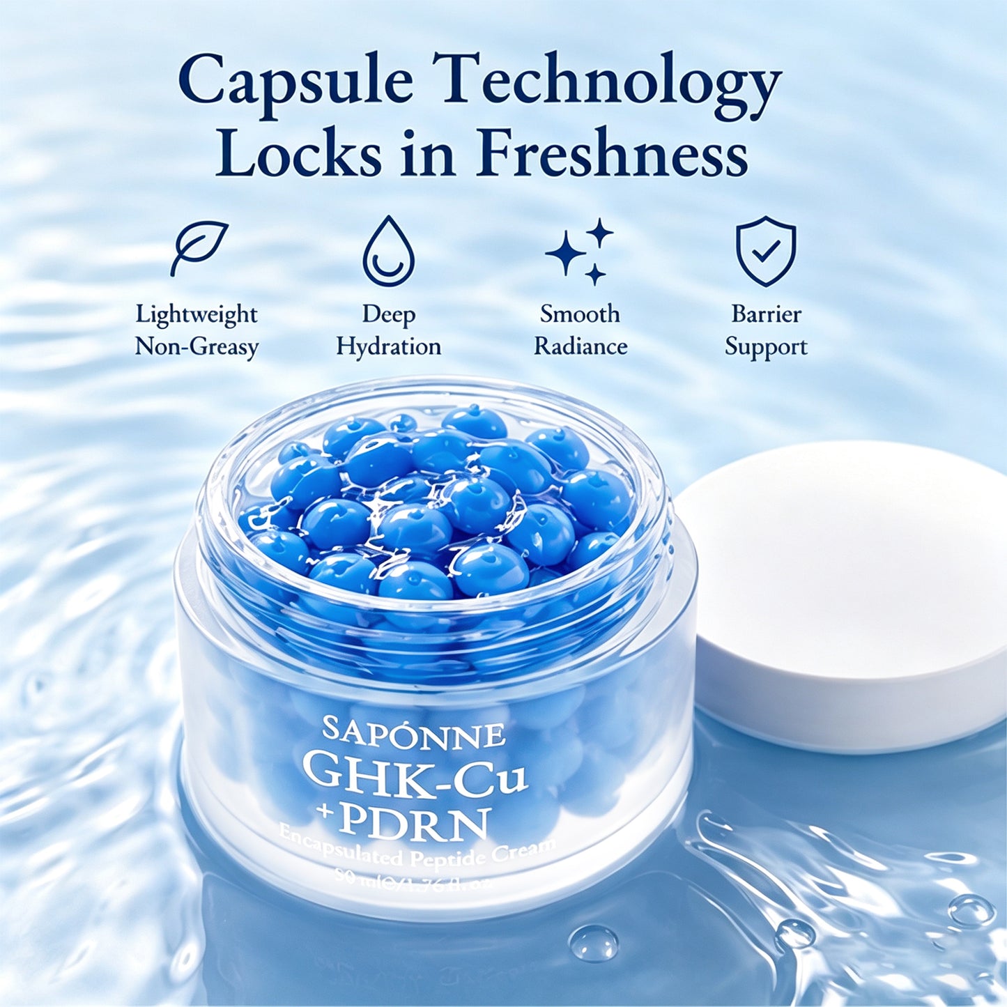 A clear cosmetic jar filled with blue capsule-like beads sits on a water-textured surface, with a white lid beside it. Above the product, text reads 'Capsule Technology Locks in Freshness' with icons for lightweight non-greasy, deep hydration, smooth radiance, and barrier support.