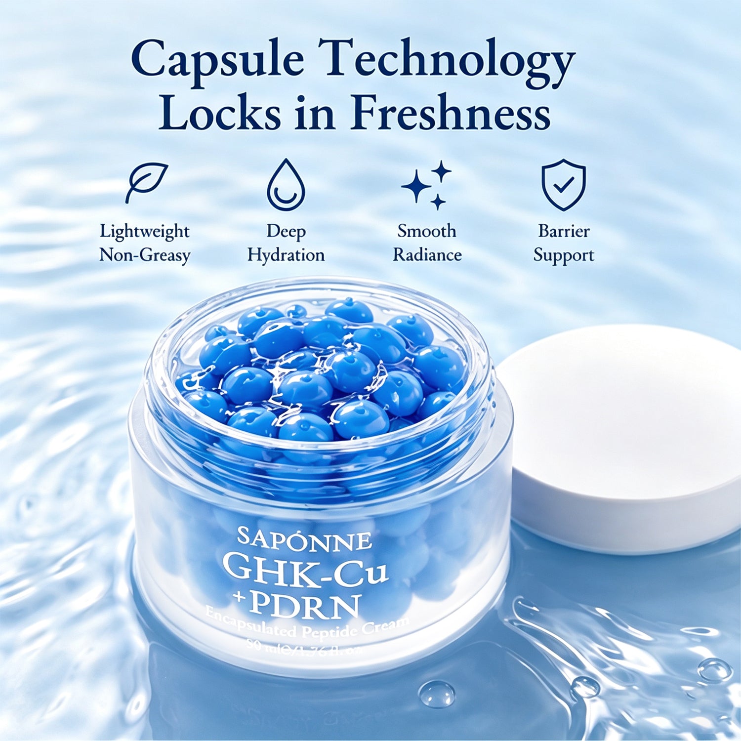 A clear cosmetic jar filled with blue capsule-like beads sits on a water-textured surface, with a white lid beside it. Above the product, text reads 'Capsule Technology Locks in Freshness' with icons for lightweight non-greasy, deep hydration, smooth radiance, and barrier support.