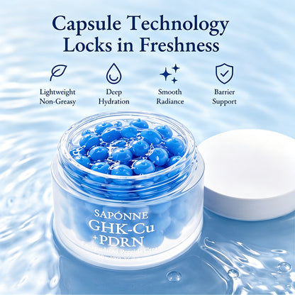 A clear cosmetic jar filled with blue capsule-like beads sits on a water-textured surface, with a white lid beside it. Above the product, text reads 'Capsule Technology Locks in Freshness' with icons for lightweight non-greasy, deep hydration, smooth radiance, and barrier support.