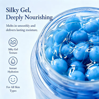 Close-up of a clear cosmetic jar filled with translucent blue gel beads, with marketing text on the left reading 'Silky Gel, Deeply Nourishing' and feature icons for silky gel texture, instant hydration, and suitability for all skin types.
