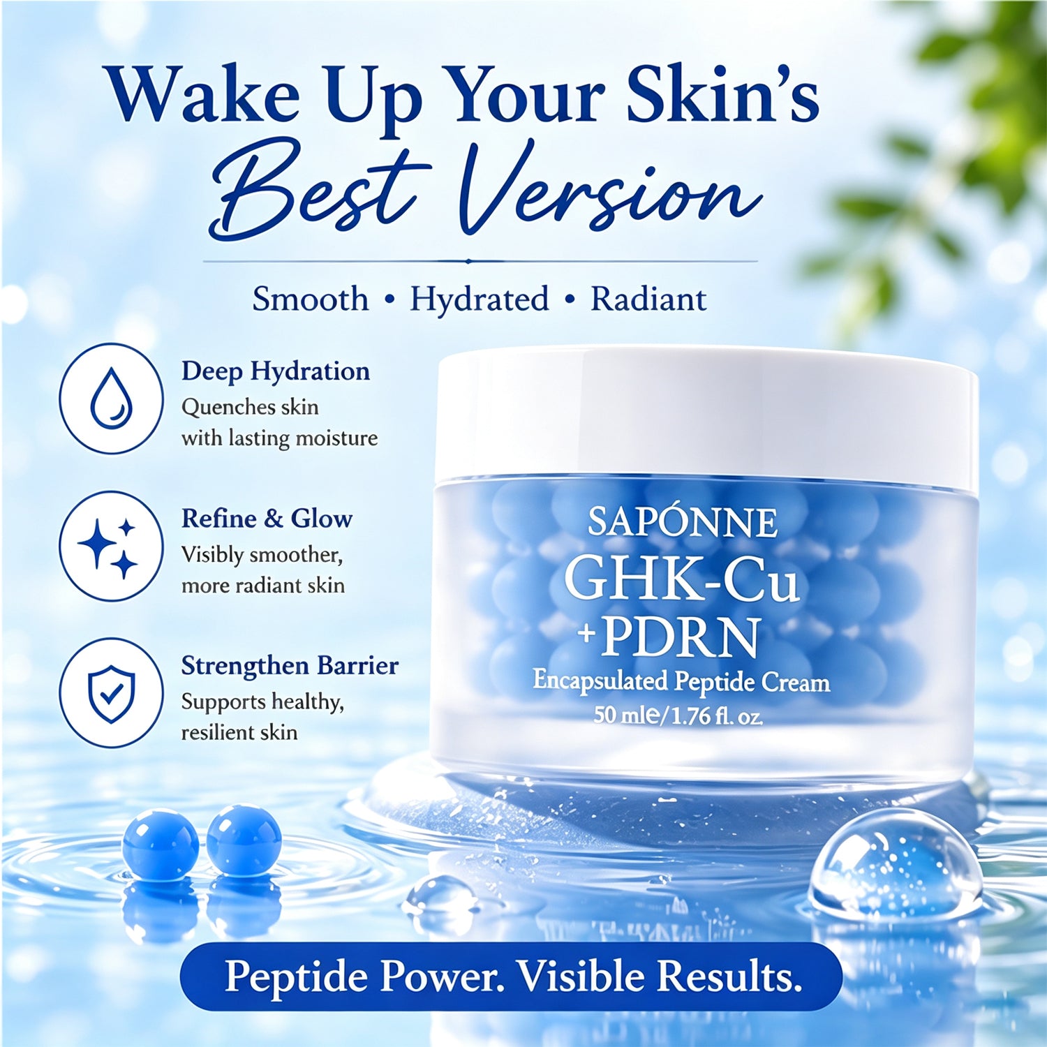 A skincare jar labeled 'SAPÓNNE GHK-Cu + PDRN Encapsulated Peptide Cream 50 ml/1.76 fl.
