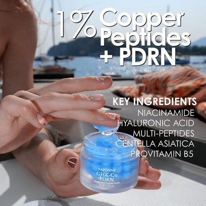 A person holds a small clear jar of blue gel cream outdoors with water and boats in the background. Large text reads '1% Copper Peptides + PDRN' and lists key ingredients including niacinamide, hyaluronic acid, multi-peptides, centella asiatica, and provitamin B5.
