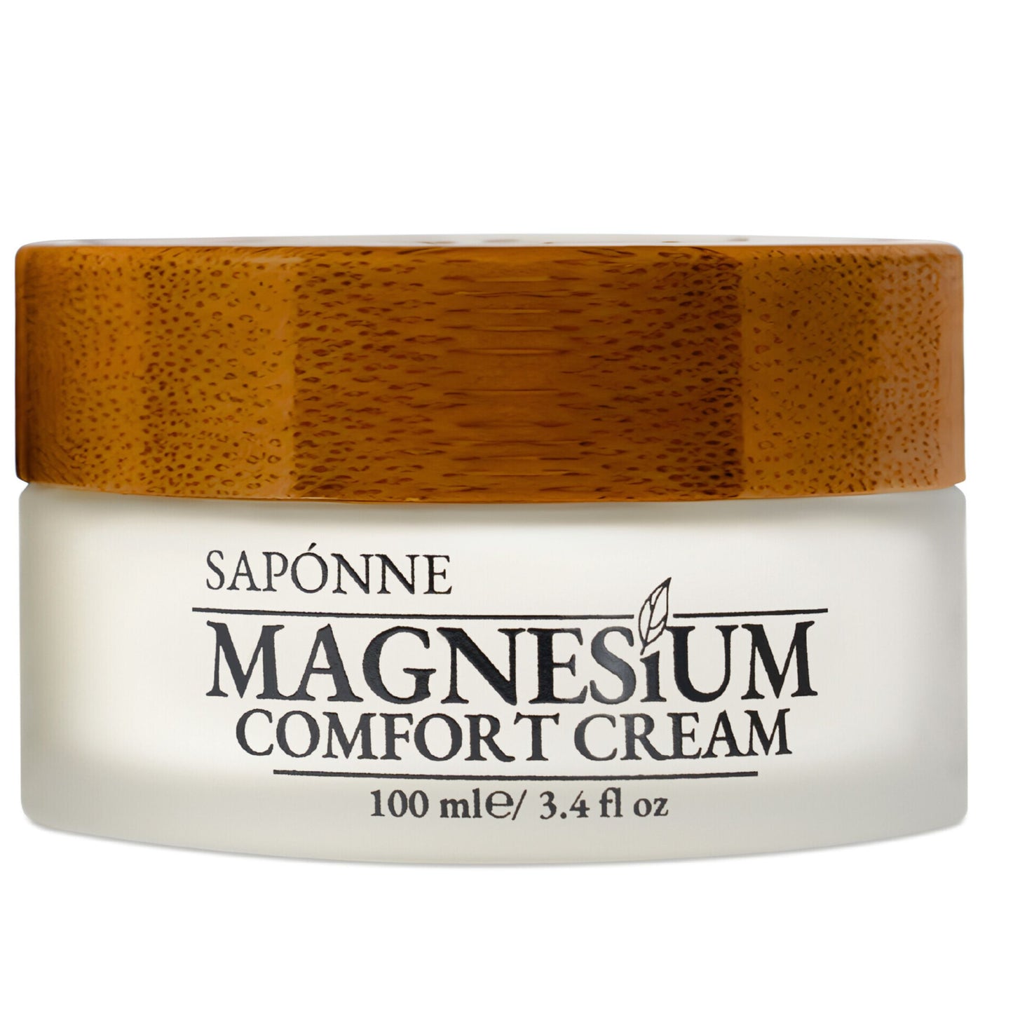 Jar of Magnesium Comfort Cream with wooden lid on a white background