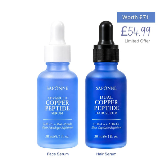 Two SAPONNE serum bottles on a white background: a light blue Face Serum with a white dropper cap and a darker blue Hair Serum with a black dropper cap. Promotional text at top right reads 'Worth £71 £54.